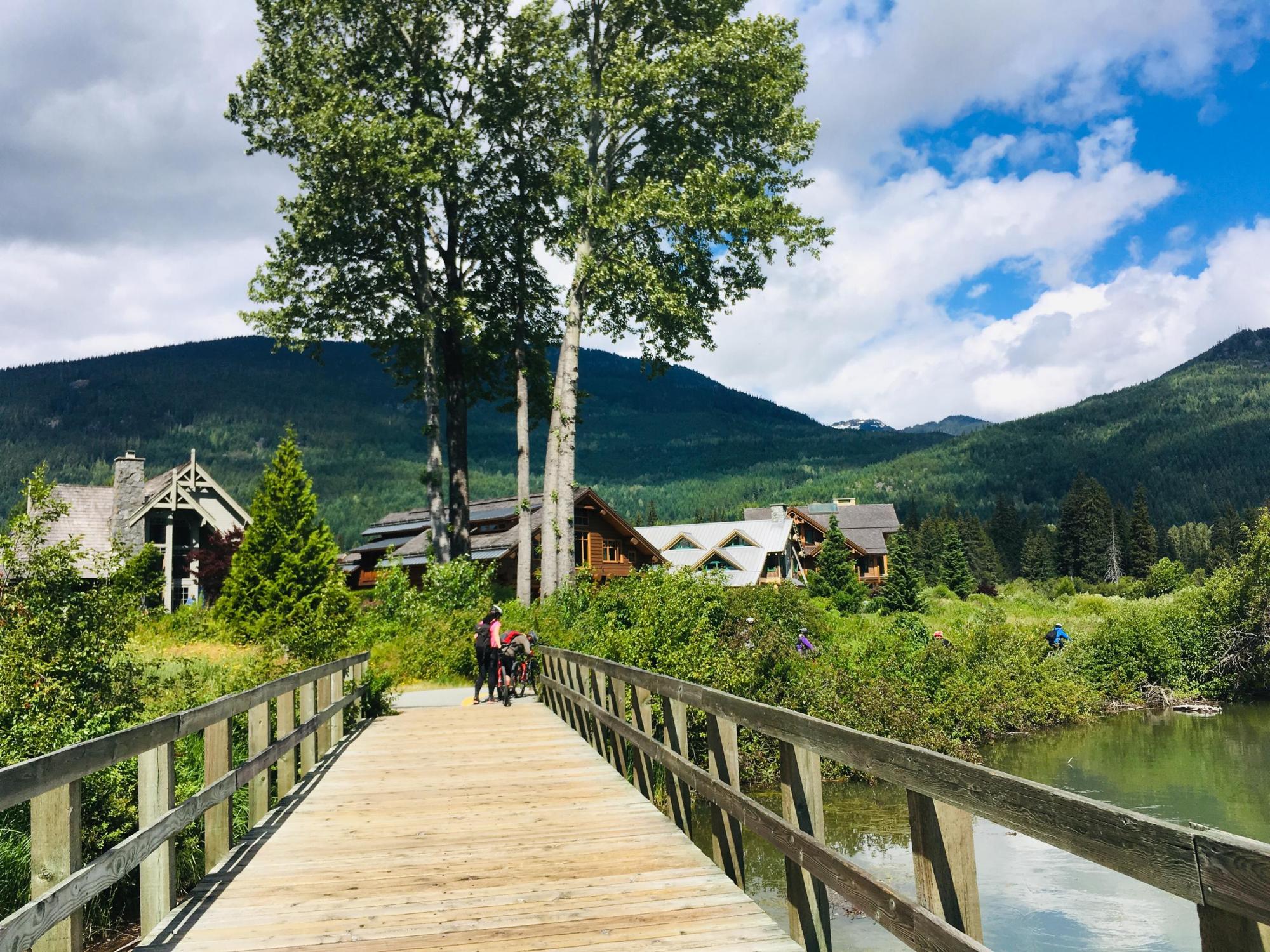 people biking on a trail with scenic mountains
