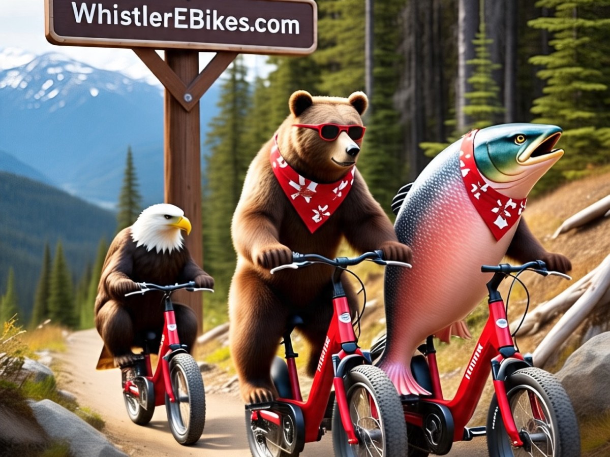 Bear, eagle, and fish riding bikes in a forest with a WhistlerEBikes.com sign.