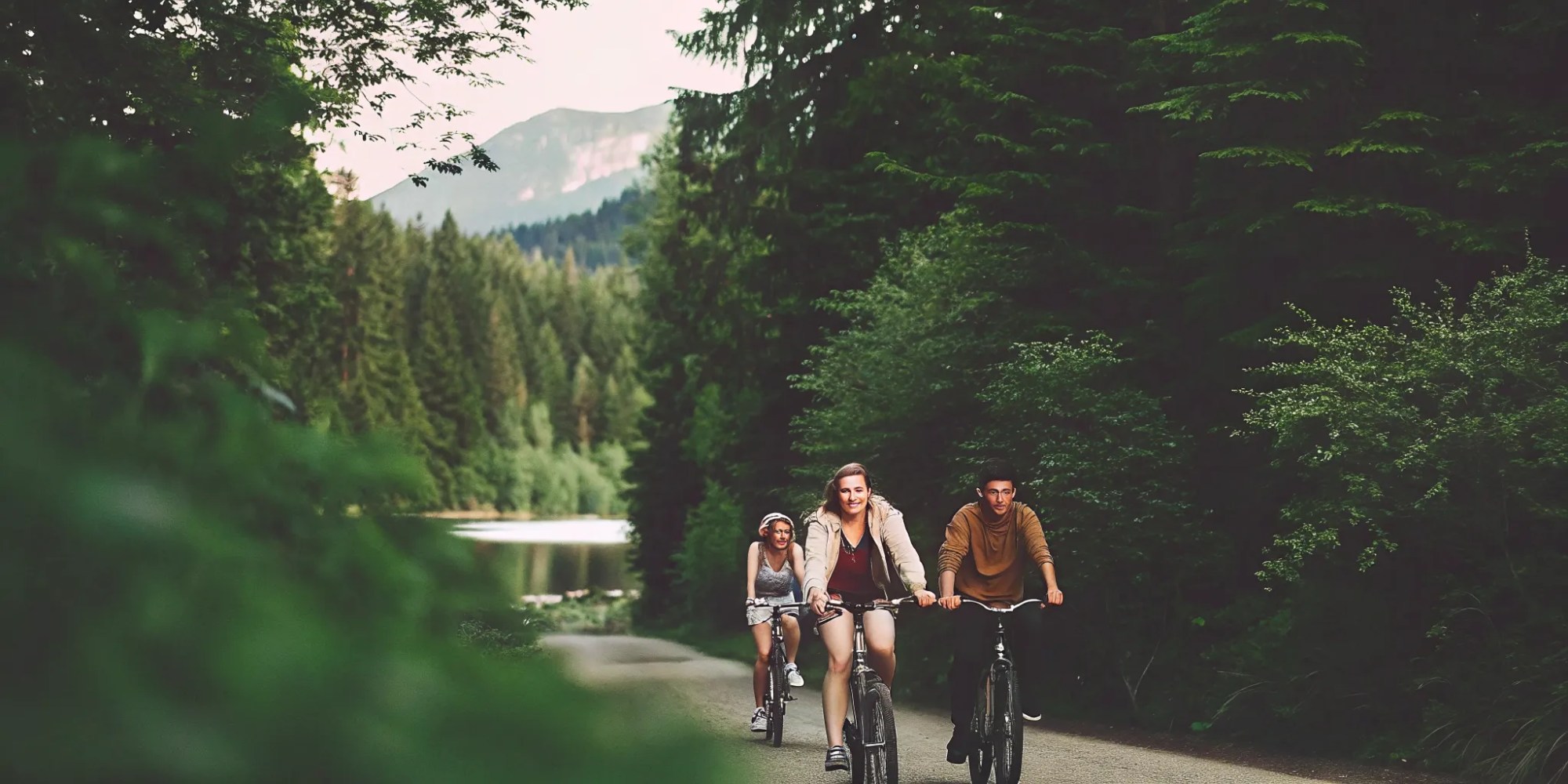 Mixed-fitness group enjoying a scenic pedal-assist eBike ride in Whistler