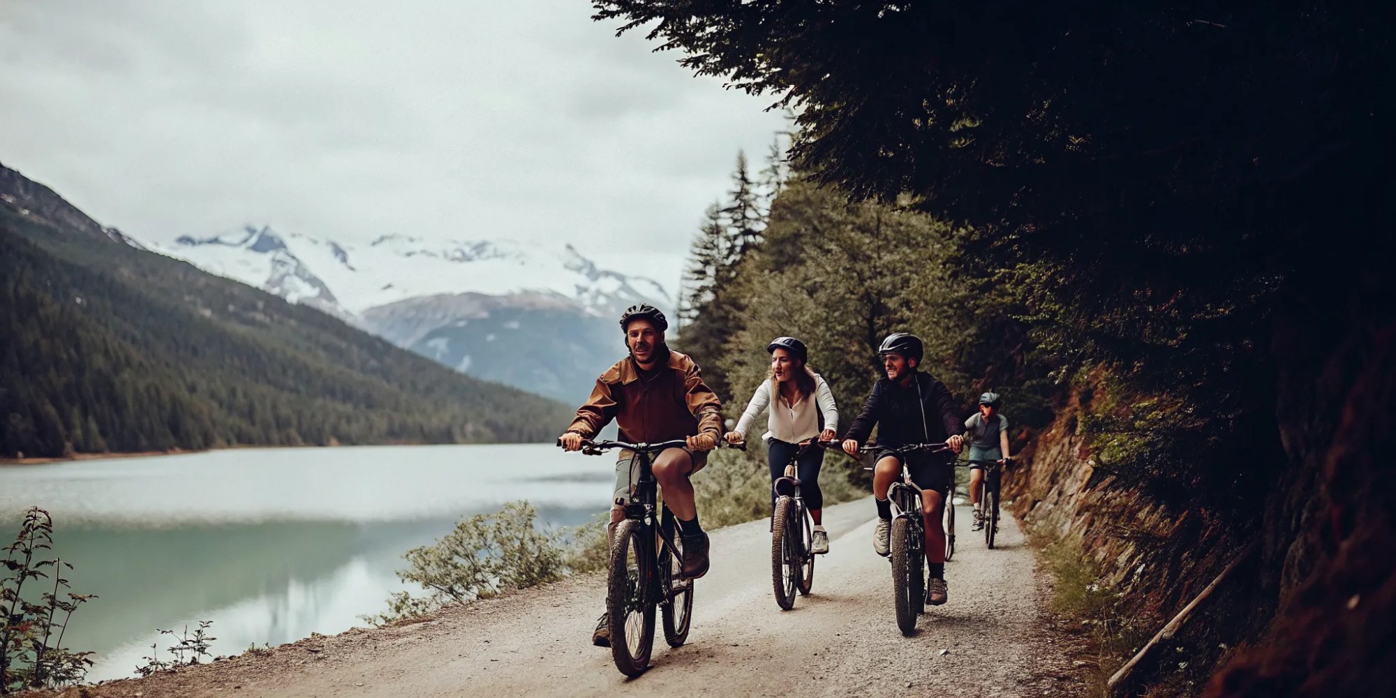 Guided electric bike tour on a scenic Whistler valley trail with mountain views