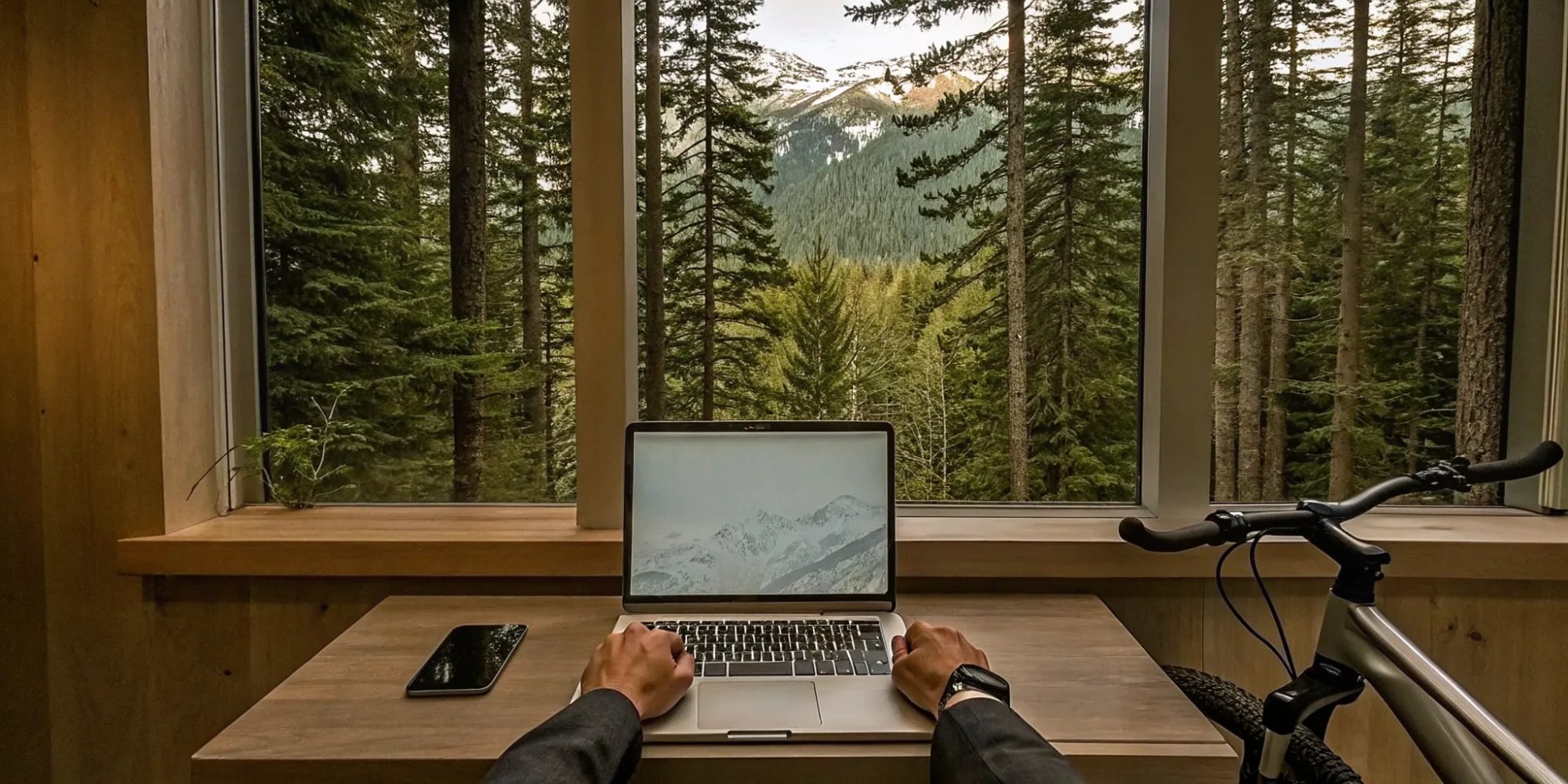 Person booking a Whistler eBike tour on a laptop with an eBike and mountain view.