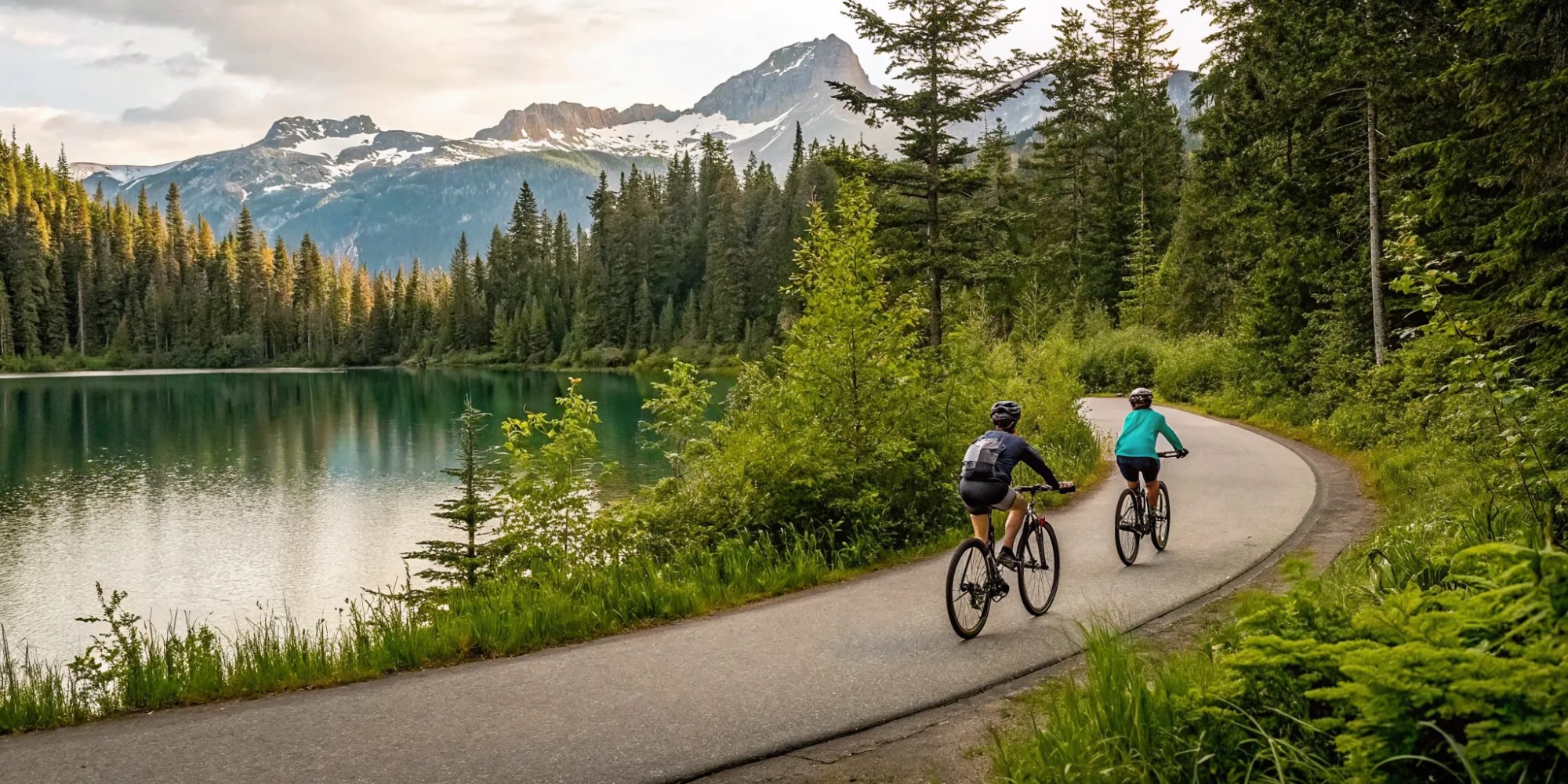 Whistler Valley Trail ebike tour with riders cycling by a scenic lake and forest.