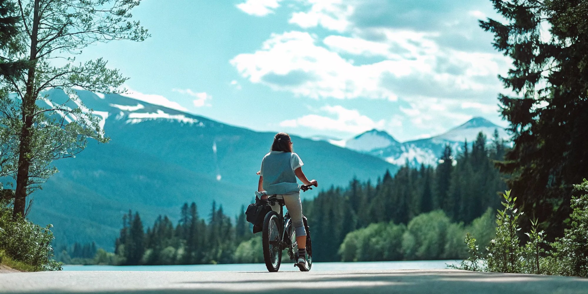 A beautiful electric bike parked on a paved Valley Trail in Whistler surrounded by tall cedar trees and majestic mountains