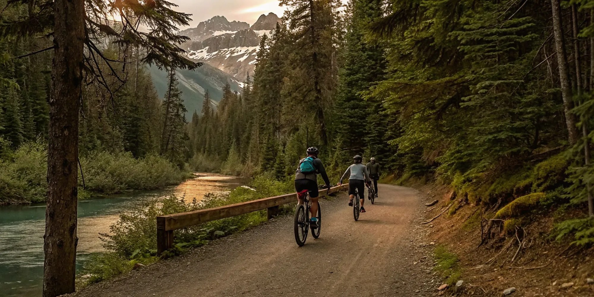 A Whistler ebike tour on a scenic riverside trail with mountain views.