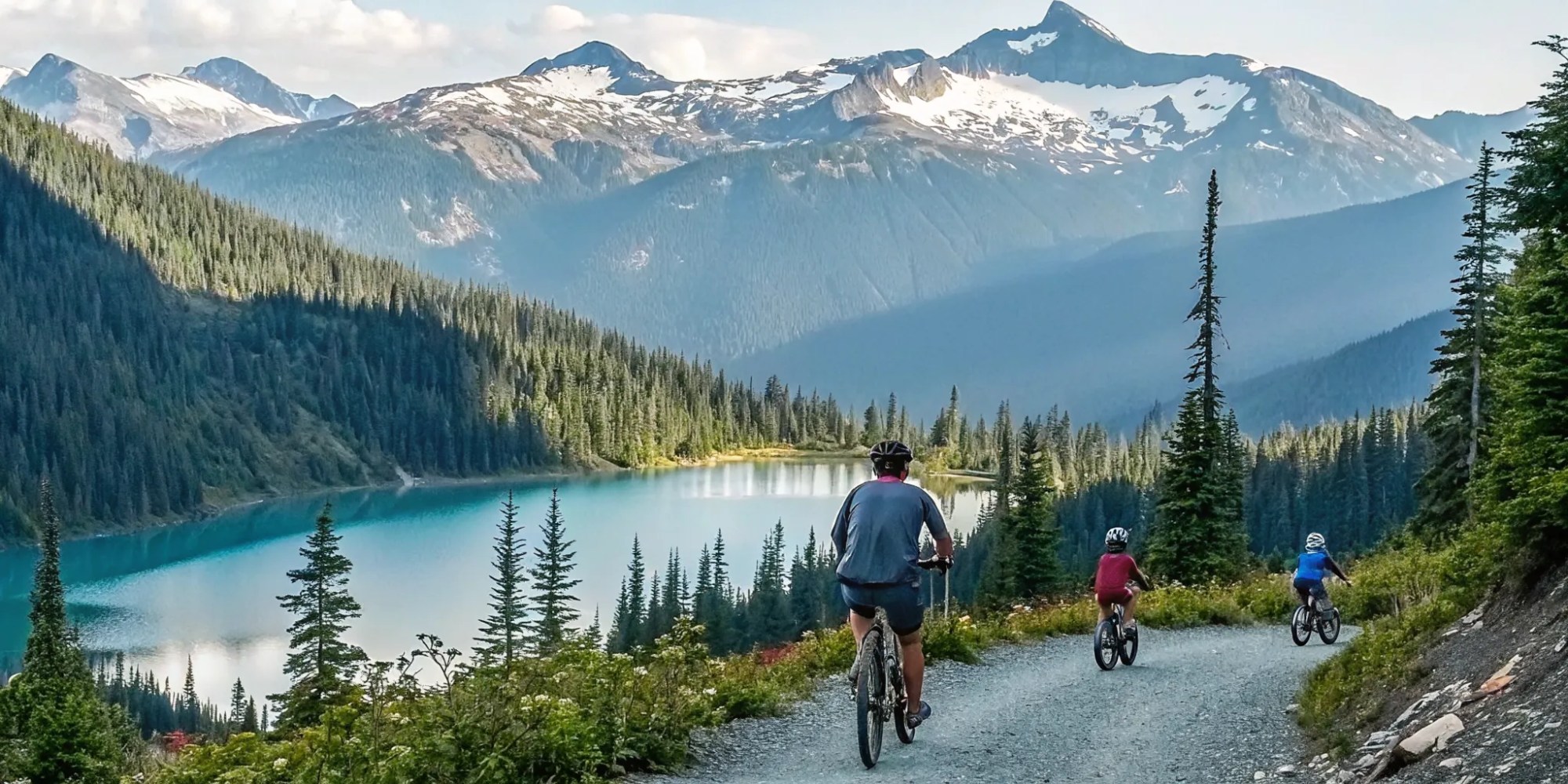 Family on a guided eBike tour along a scenic Whistler trail with lake and mountain views.