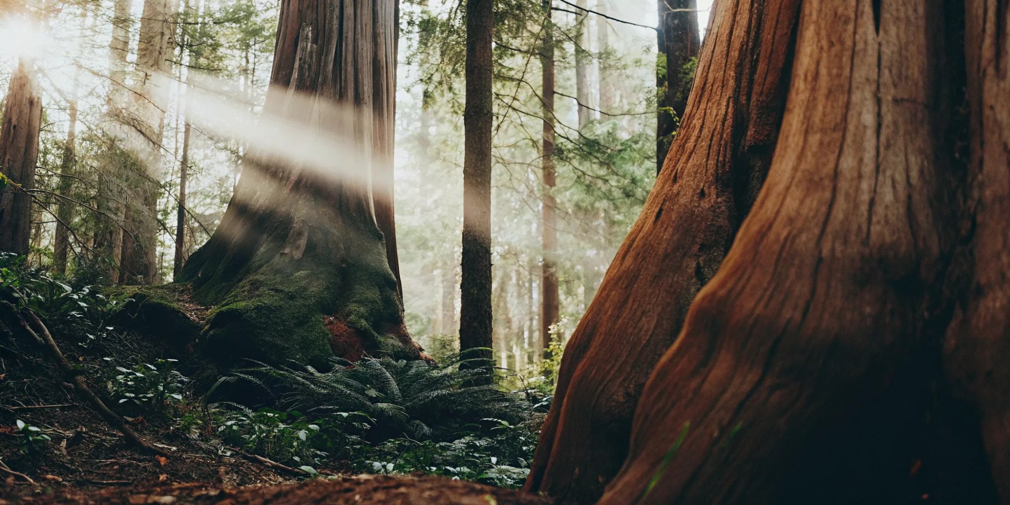 Sunlight streaming through 500-year-old giant Red Cedar stands on the Ancient Cedars Whistler trail.
