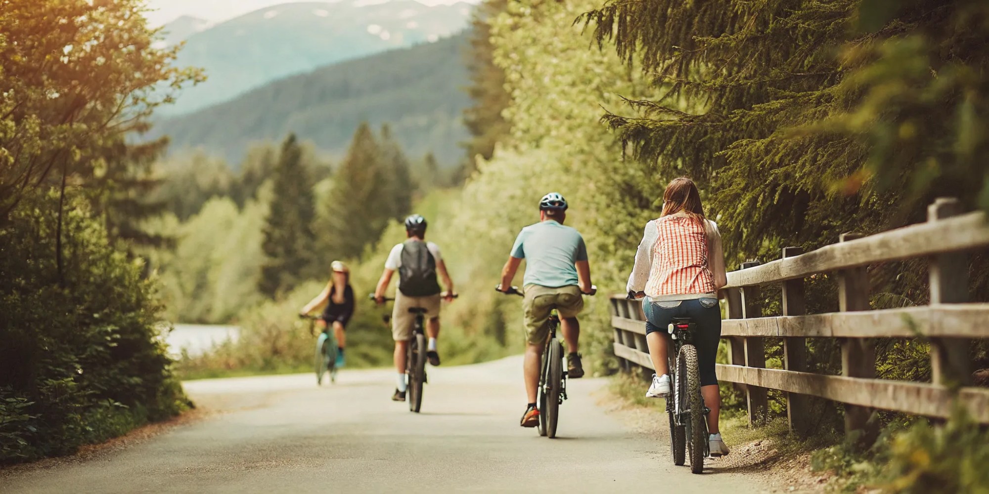 Group of people riding fat tire electric bikes on a scenic paved valley trail in Whistler with mountains and a lake in the background