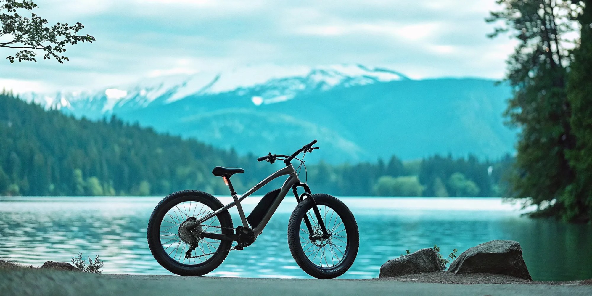 A class 1 electric fat tire bike parked on a paved trail next to Alta Lake in Whistler