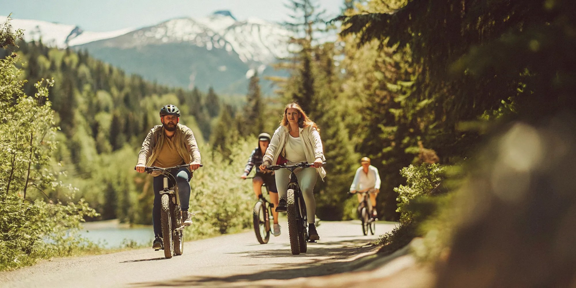 Group of tourists riding fat tire eBikes on paved Valley Trail beside an alpine lake in Whistler BC with mountain peaks in background