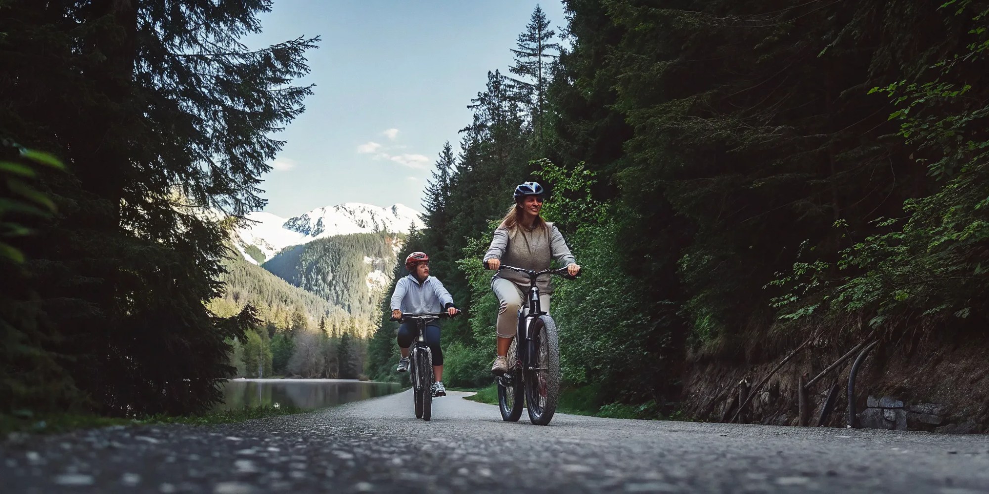 Family riding fat tire e-bikes on a scenic Whistler valley trail in summer with glacier-fed lake and mountains in the background