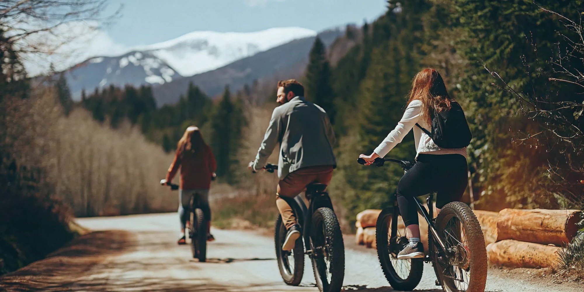 Group of tourists riding fat tire electric bikes on a scenic Whistler valley trail with alpine lake and mountain views