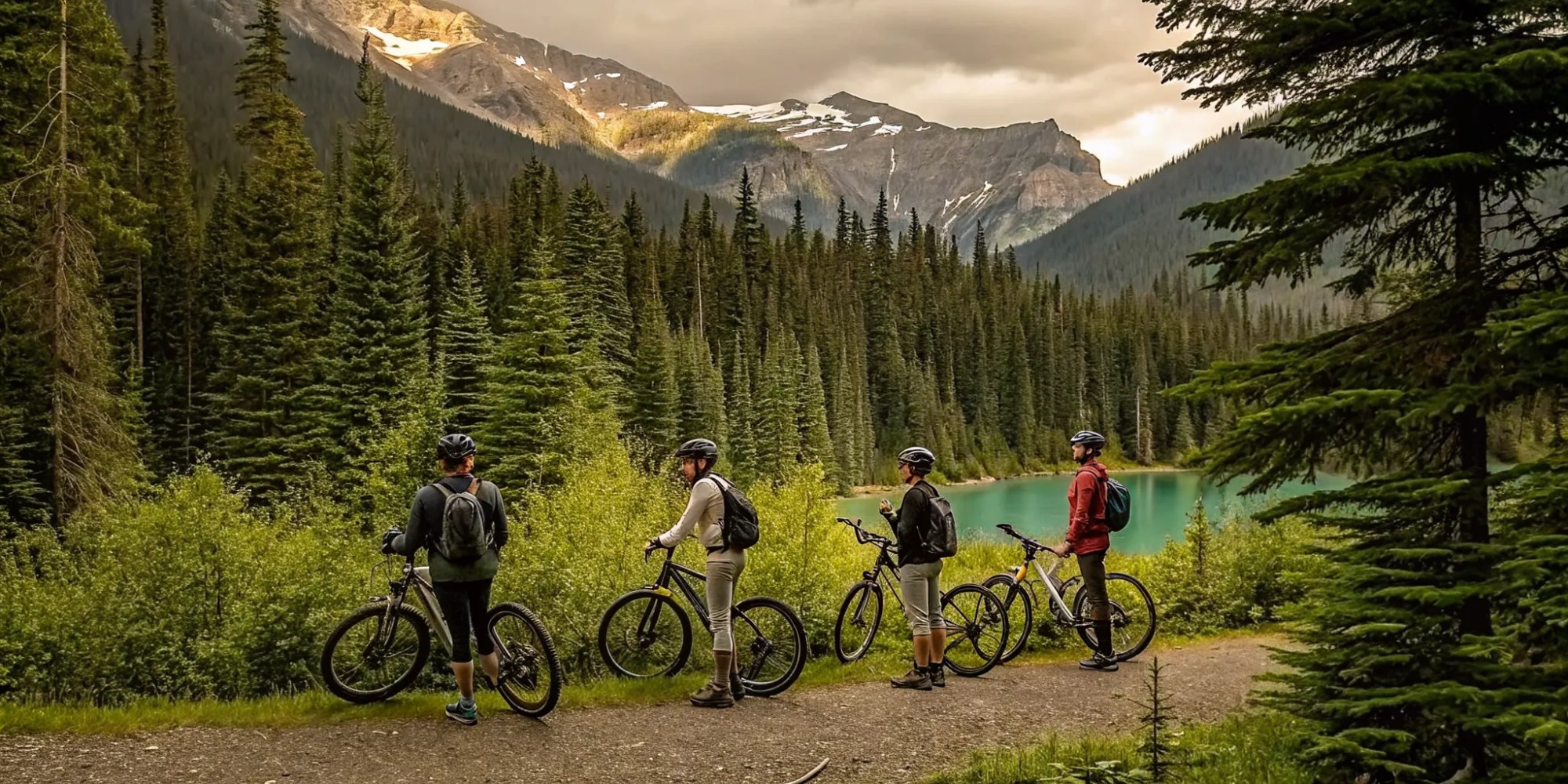 A group enjoying a scenic Whistler ebike tour along a mountain lake.