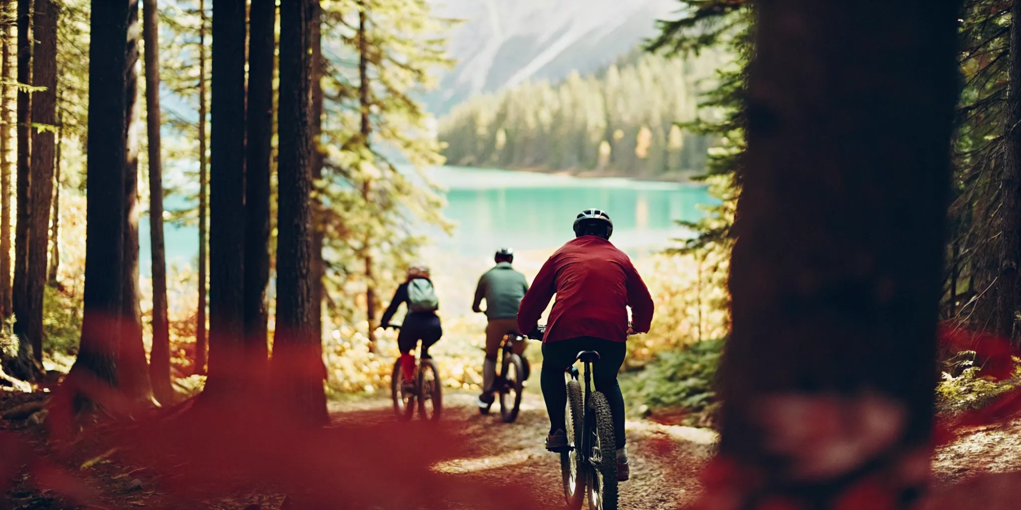 Group of riders on fat tire electric bikes on a forested valley trail in Whistler with golden September sunlight, fall foliage, and turquoise glacier-fed lake visible through trees