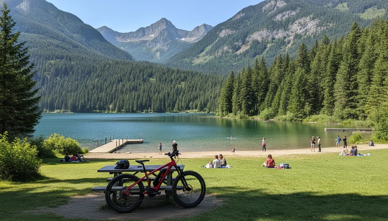 Scenic lakeside setting at Alpha Lake Park Whistler BC with an electric bike in the foreground