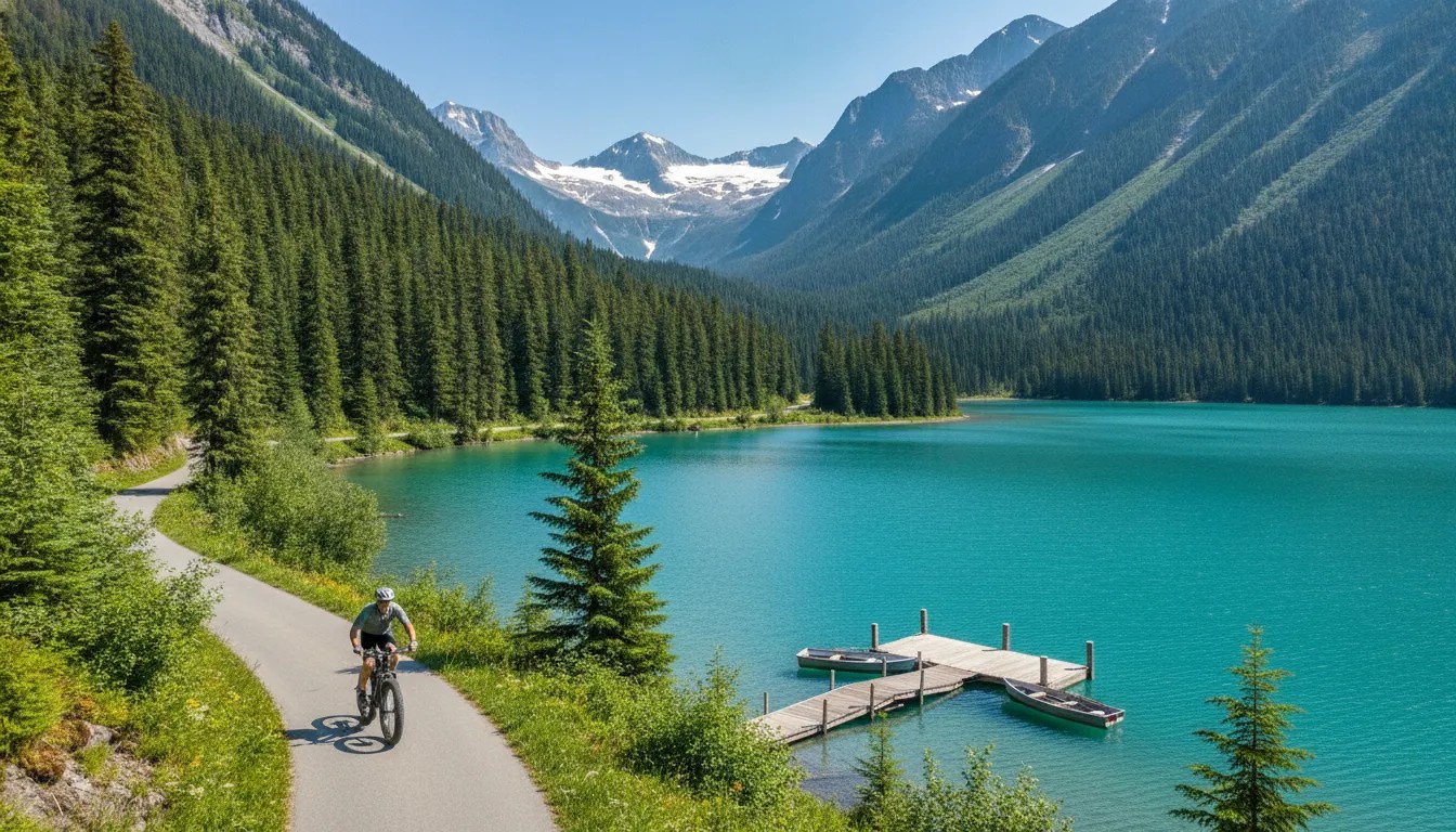 E-bike rider on the paved Valley Trail beside turquoise glacier-fed Alta Lake in Whistler, with forested slopes and mountains behind