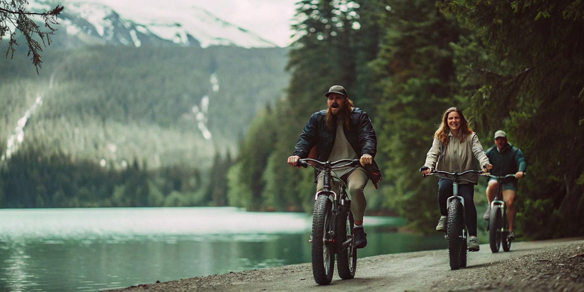 Riders on fat tire eBikes coasting along a Whistler valley trail with glacier-fed lakes and cedar forest behind them