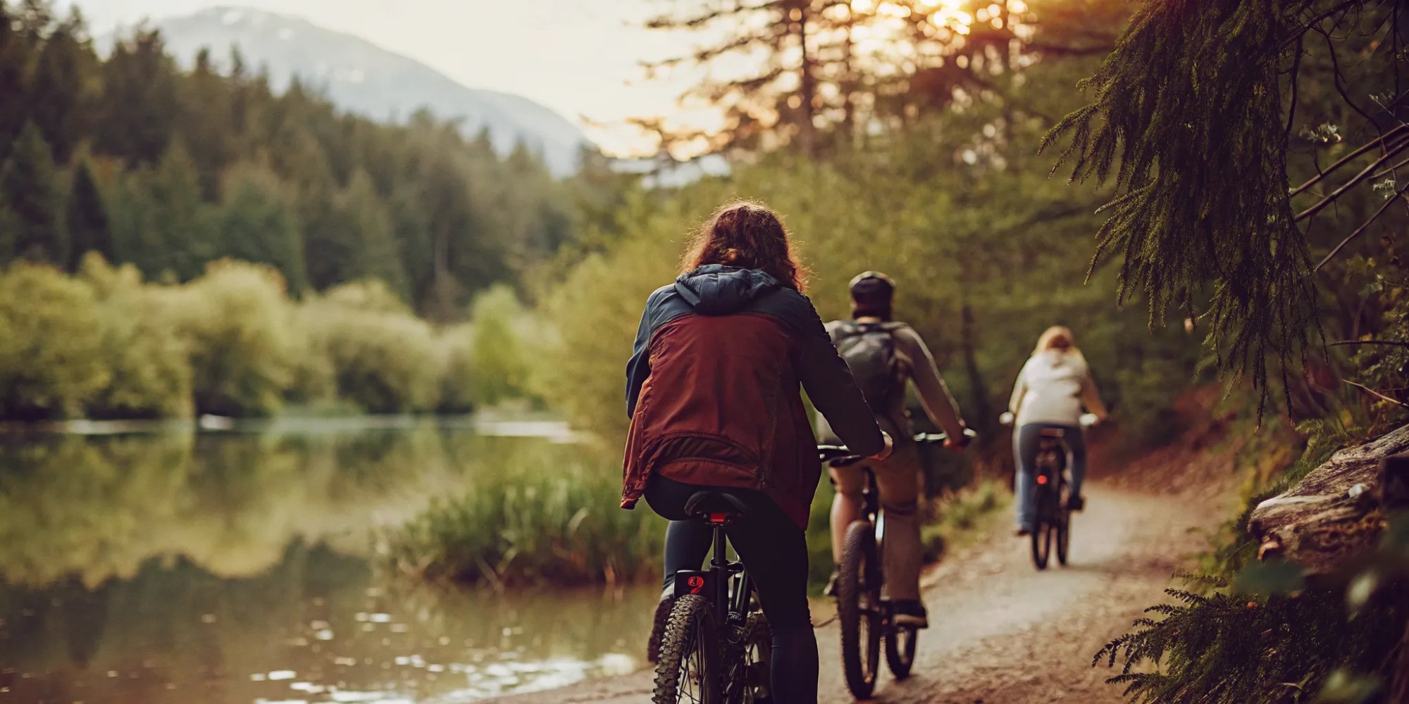 Guided fat tire eBike riders gliding along the River of Golden Dreams at golden hour in Whistler, with forest and mountains in the background