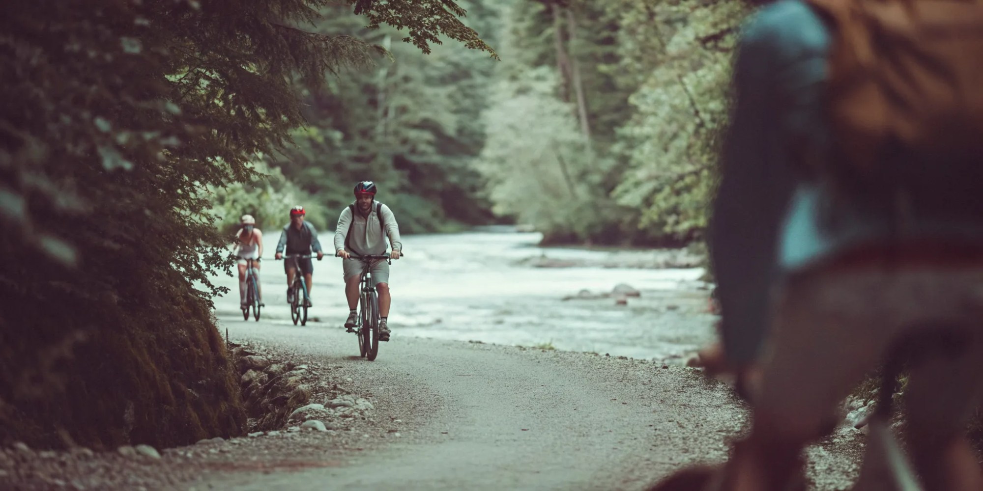Guided fat tire eBike Adventure Tour group on a scenic Whistler valley trail