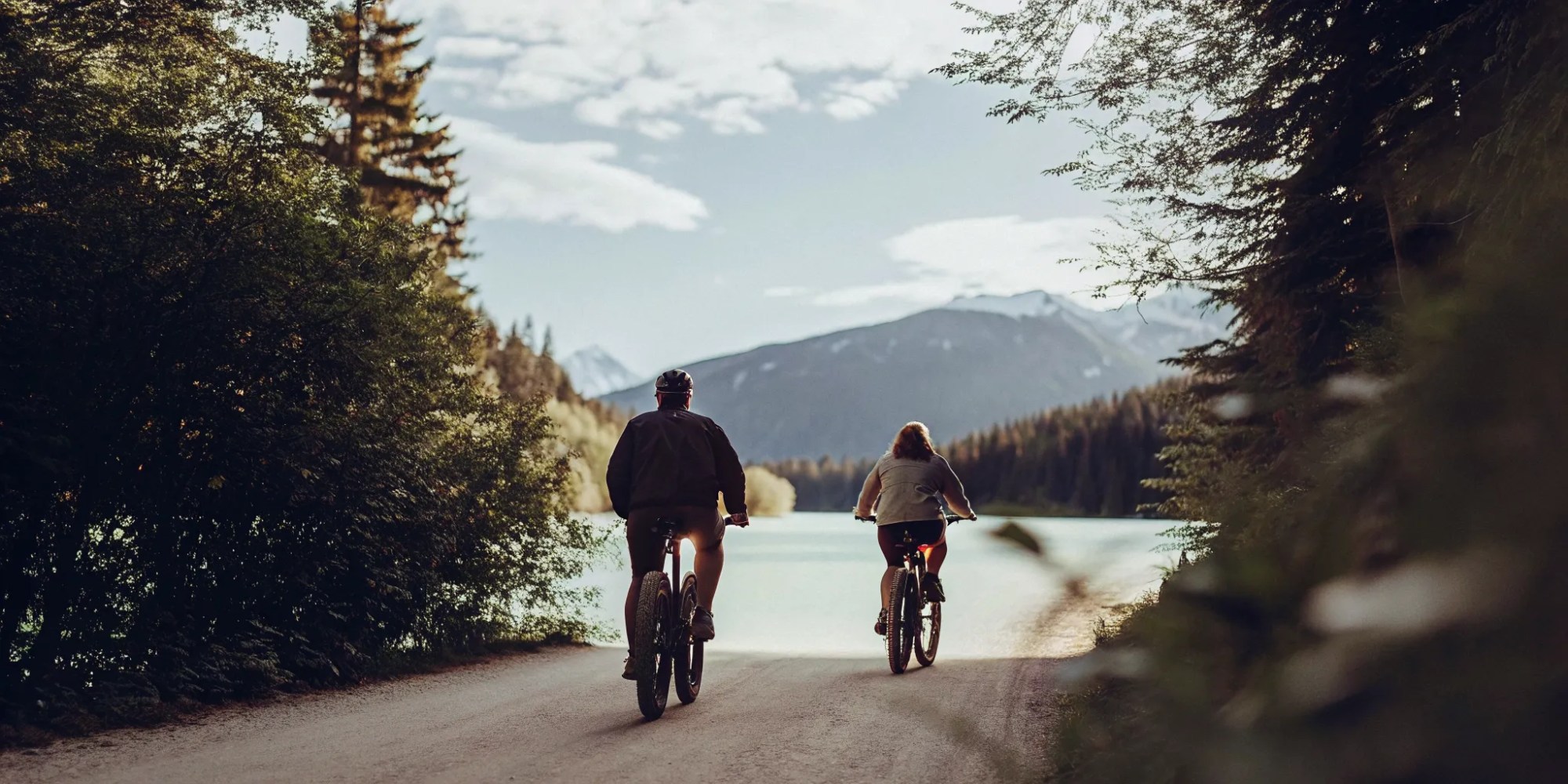 Electric fat-tire bikes riding along a turquoise Whistler BC lake with a mountain backdrop