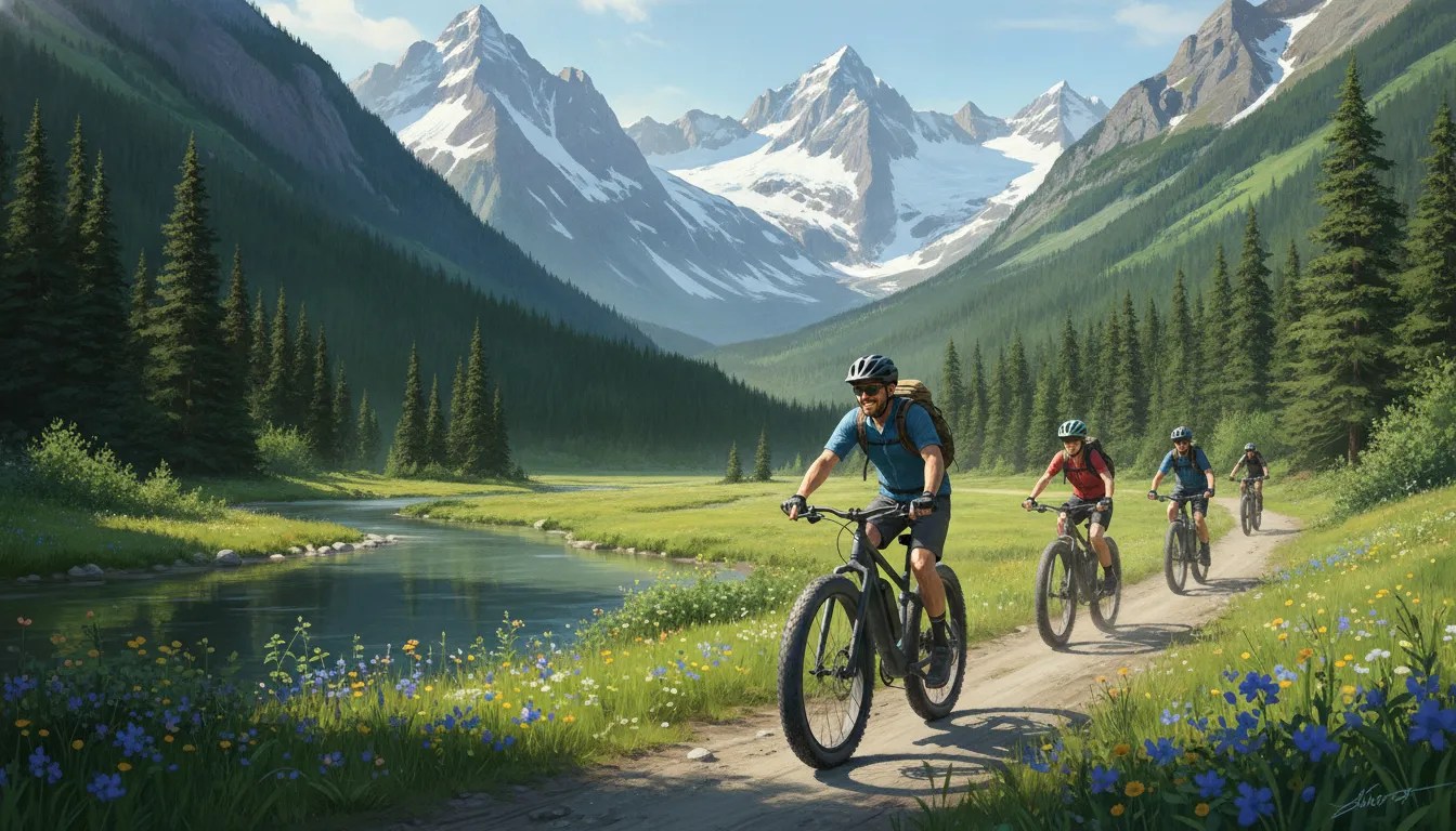 Cyclists riding fat tire eBikes along the scenic Whistler valley floor in British Columbia