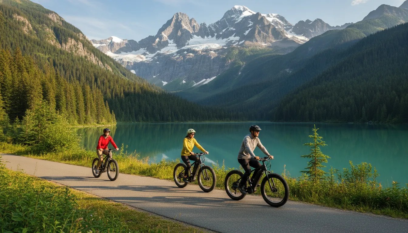 Riders on fat tire eBikes along a paved lakeside path beneath Whistler's Coast Mountains